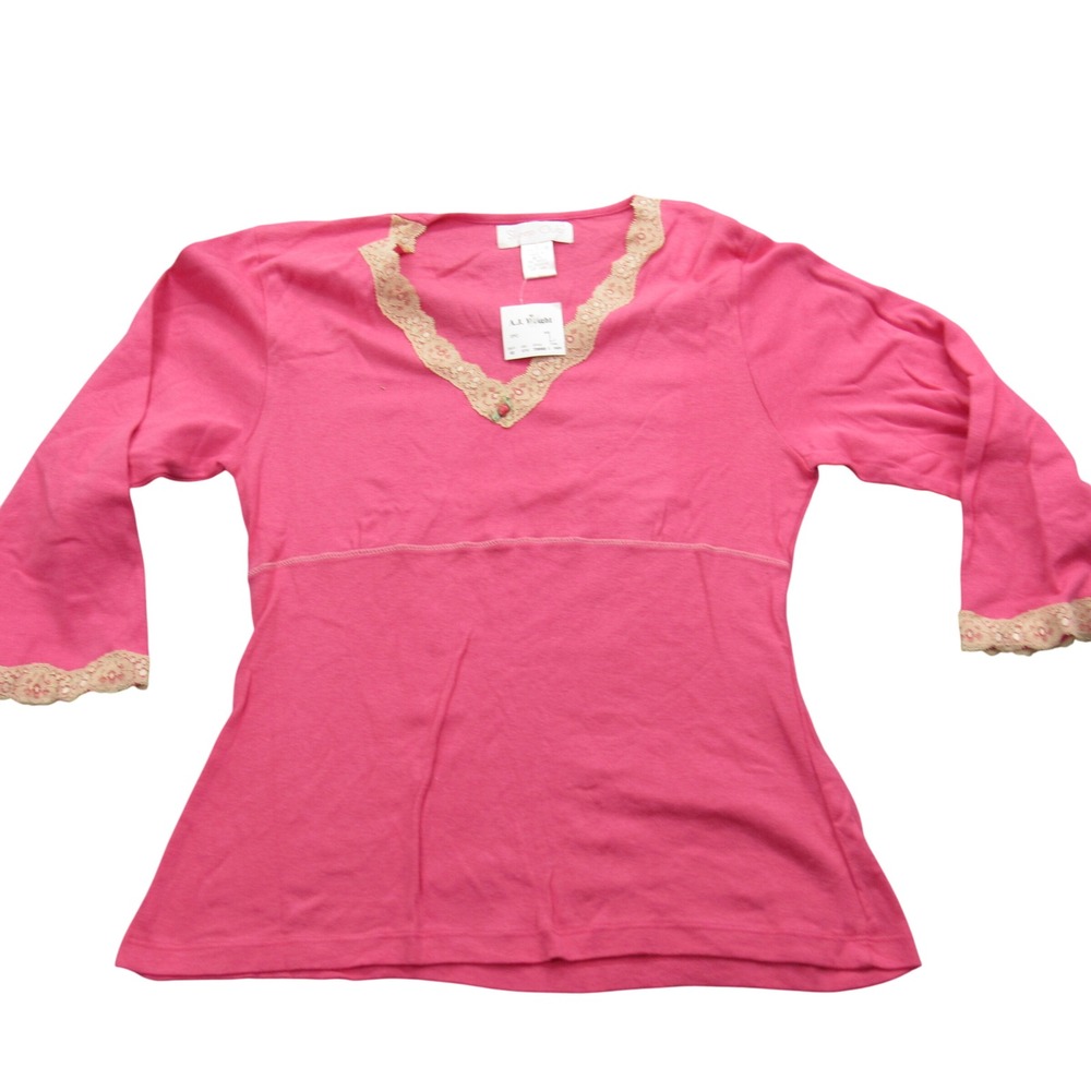 Sleep Club Womens Pink Cotton Lace Trim V-Neck 3/4 Sleeve Top Large Rosebud